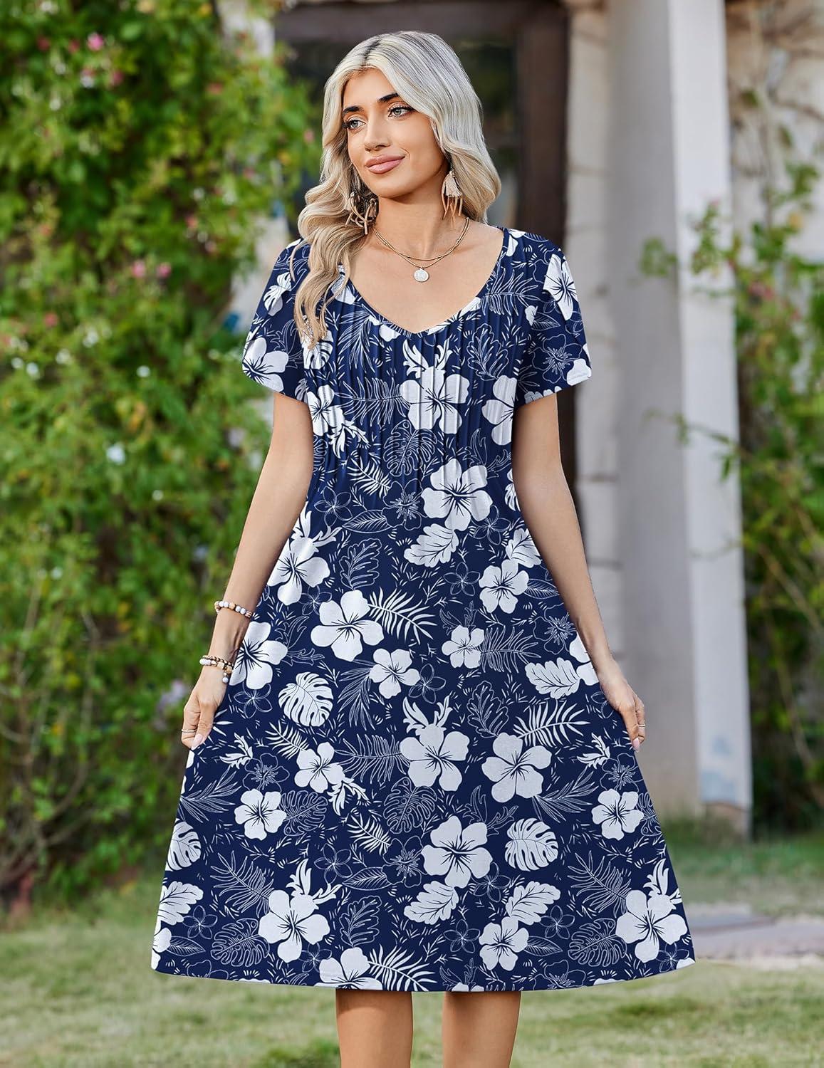 imageZeagoo Women Midi Dresses for Summer 2026 Short Sleeve Casual Flowy Dress A Line Pleated V Neck Beach Sundress with PocketsHawaii Floral