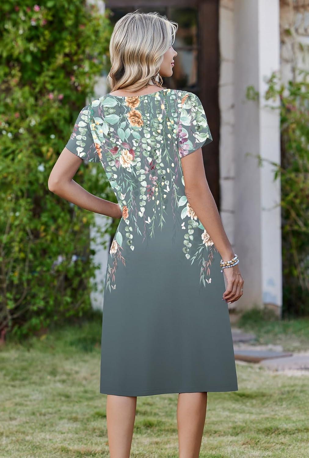 imageZeagoo Women Midi Dresses for Summer 2026 Short Sleeve Casual Flowy Dress A Line Pleated V Neck Beach Sundress with PocketsPlants Gray