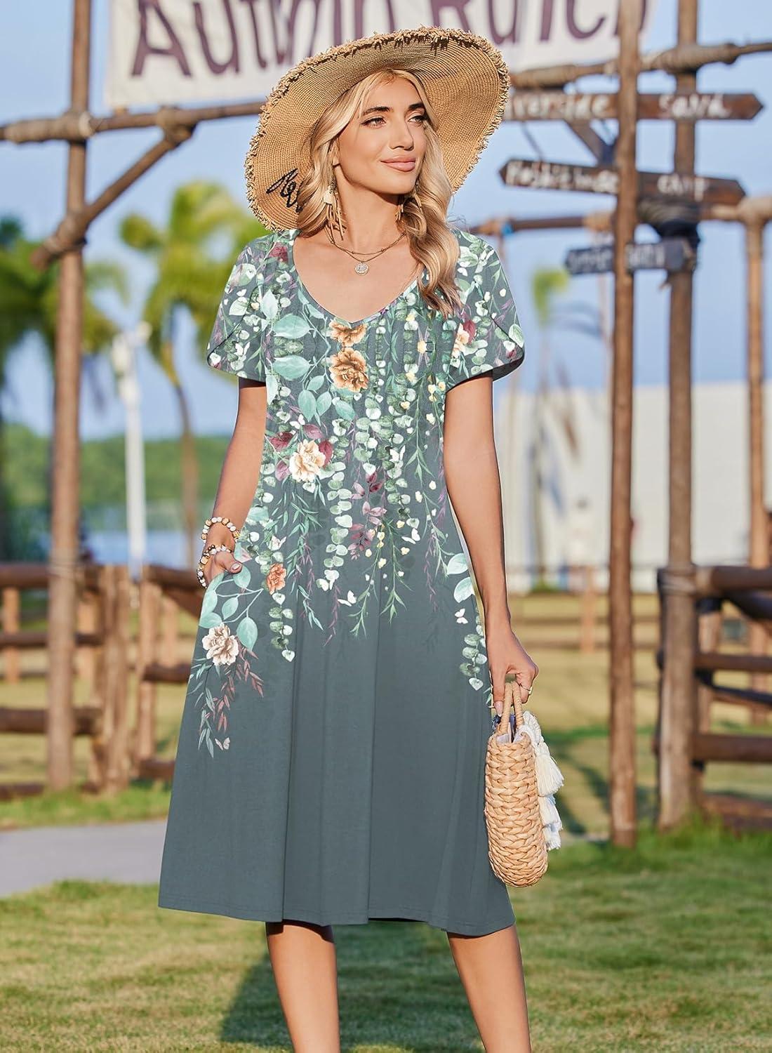 imageZeagoo Women Midi Dresses for Summer 2026 Short Sleeve Casual Flowy Dress A Line Pleated V Neck Beach Sundress with PocketsPlants Gray