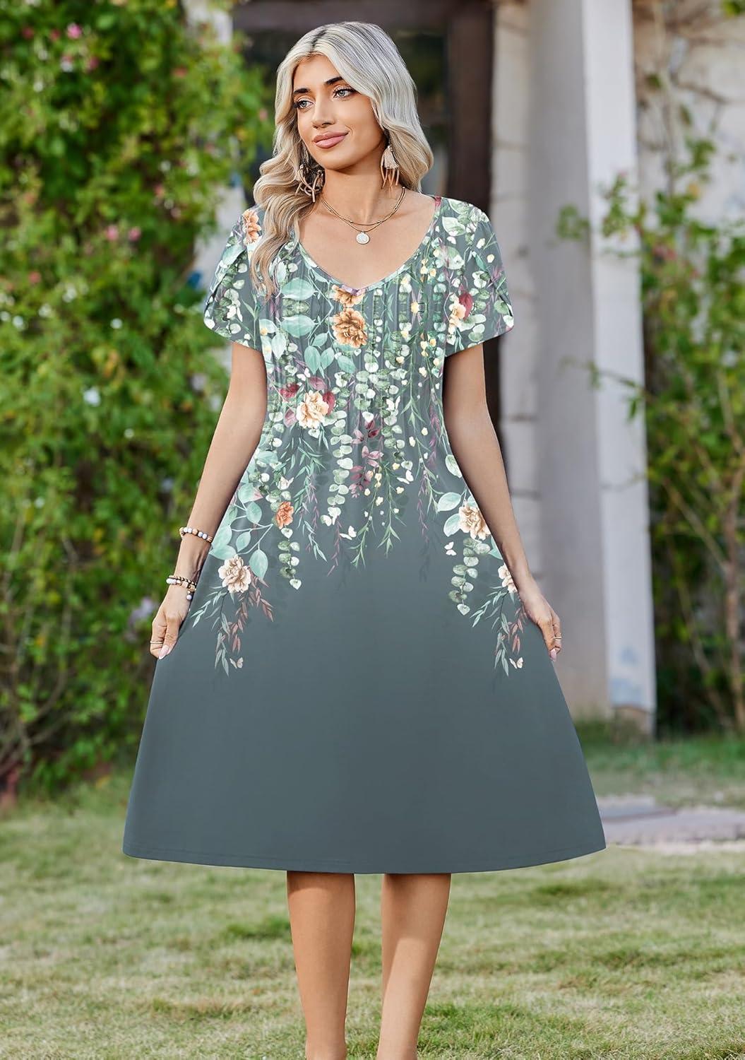 imageZeagoo Women Midi Dresses for Summer 2026 Short Sleeve Casual Flowy Dress A Line Pleated V Neck Beach Sundress with PocketsPlants Gray