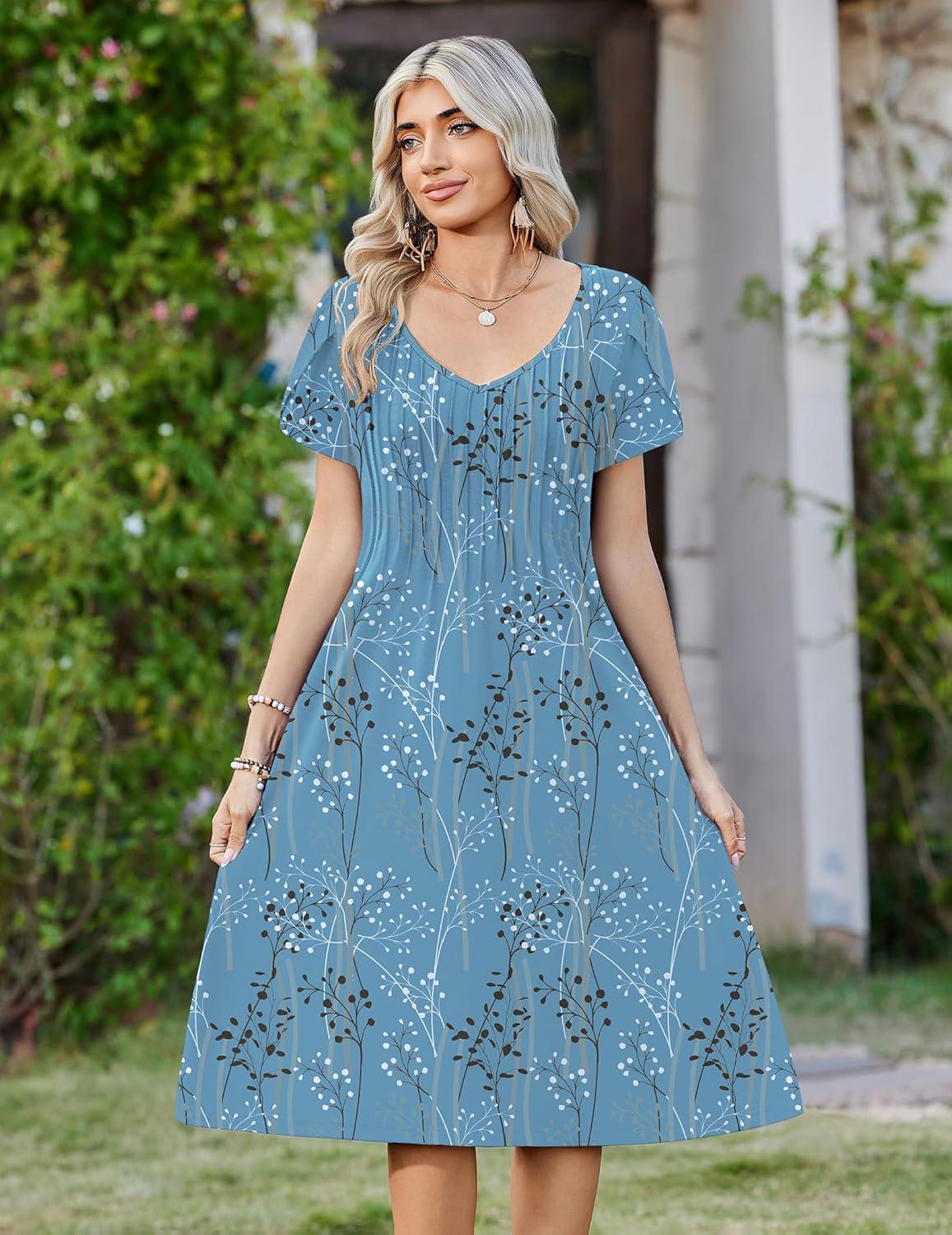 imageZeagoo Women Midi Dresses for Summer 2026 Short Sleeve Casual Flowy Dress A Line Pleated V Neck Beach Sundress with PocketsPlantsblue