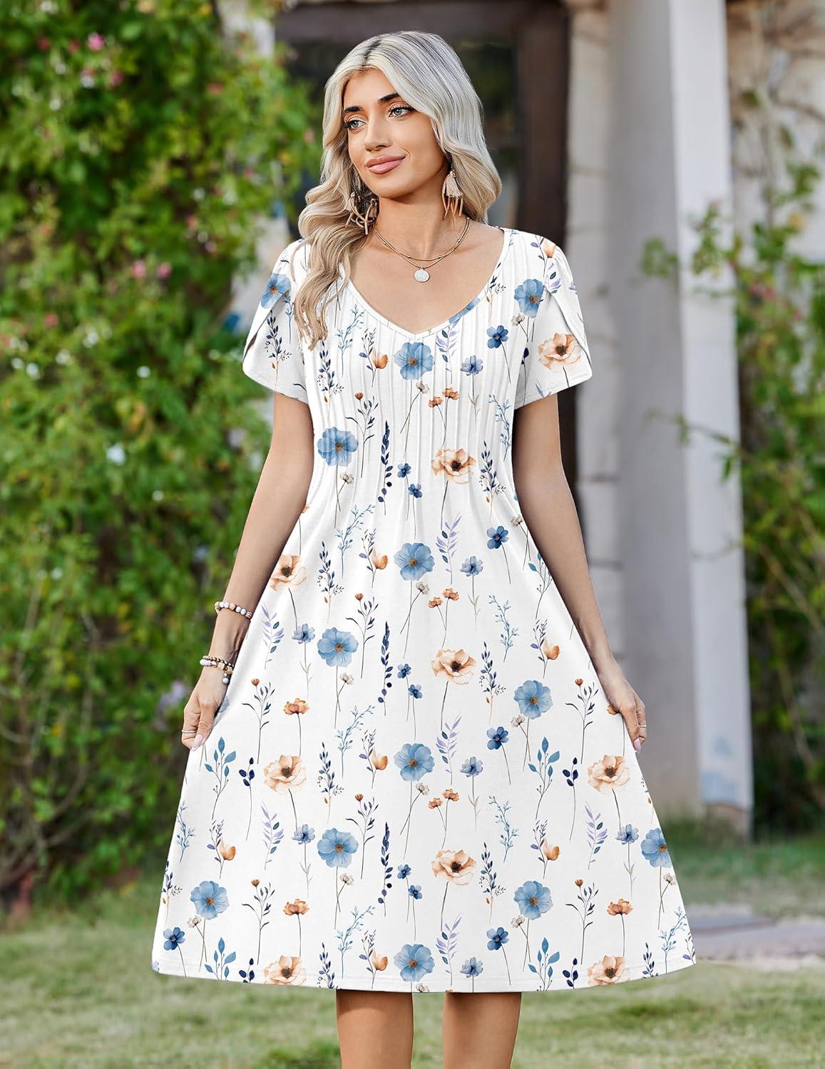 imageZeagoo Women Midi Dresses for Summer 2026 Short Sleeve Casual Flowy Dress A Line Pleated V Neck Beach Sundress with PocketsWhite Blue
