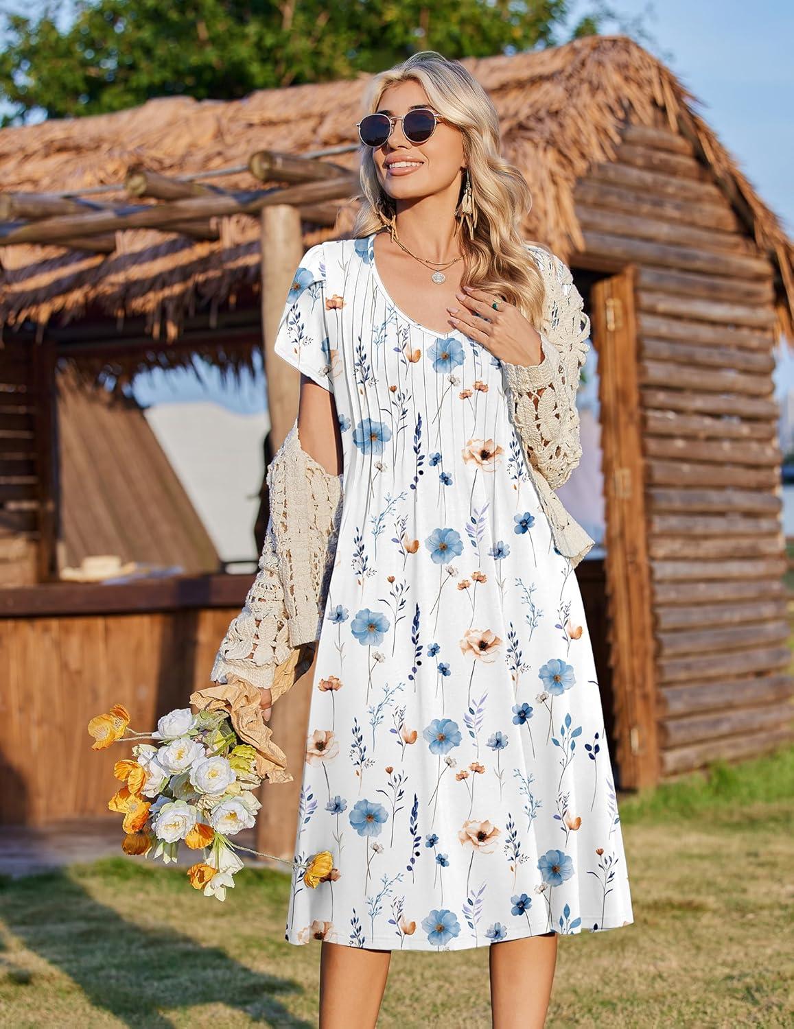 imageZeagoo Women Midi Dresses for Summer 2026 Short Sleeve Casual Flowy Dress A Line Pleated V Neck Beach Sundress with PocketsWhite Blue