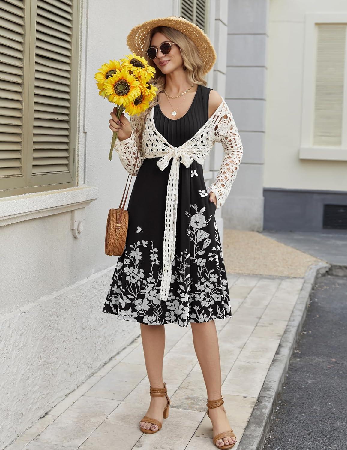 imageZeagoo Women Summer Casual Dresses 2026 Sleeveless Midi Pleated Tank Sundress with Pockets V Neck A Line Swing Tshirt DressFloral Black