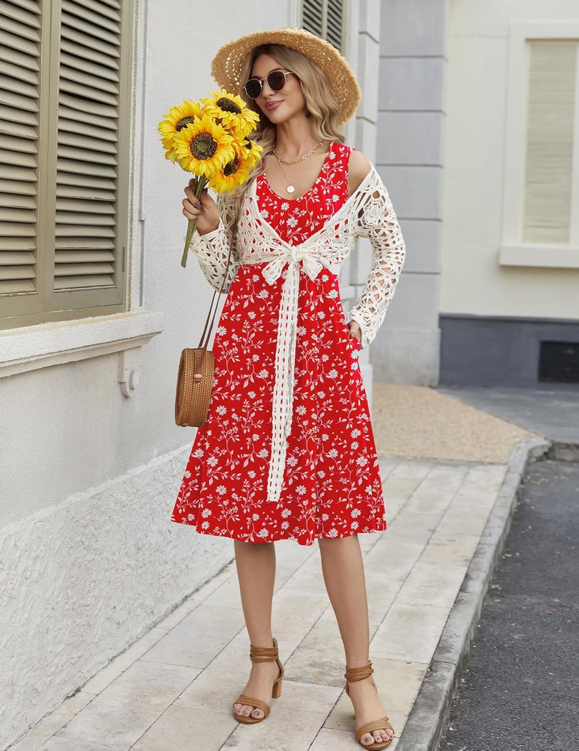 imageZeagoo Women Summer Casual Dresses 2026 Sleeveless Midi Pleated Tank Sundress with Pockets V Neck A Line Swing Tshirt DressRed White Floral