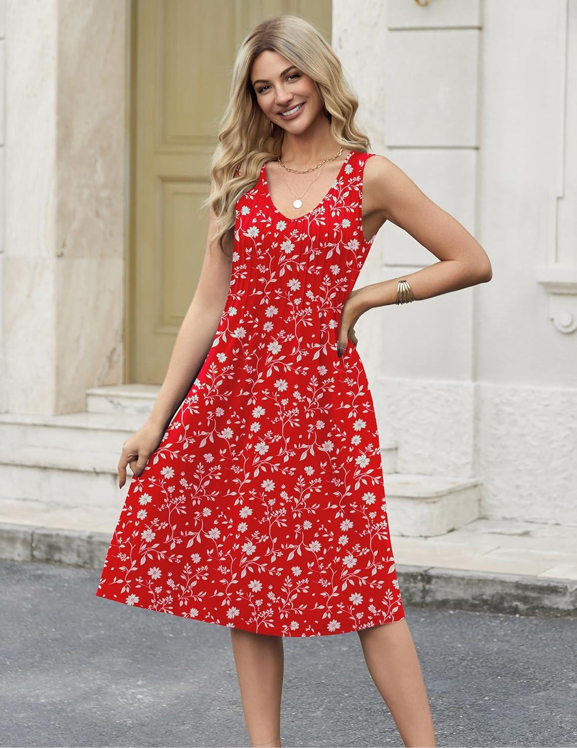 imageZeagoo Women Summer Casual Dresses 2026 Sleeveless Midi Pleated Tank Sundress with Pockets V Neck A Line Swing Tshirt DressRed White Floral