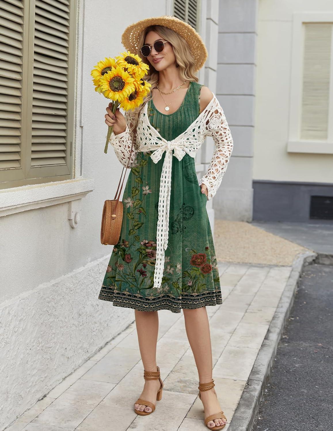 imageZeagoo Women Summer Casual Dresses 2026 Sleeveless Midi Pleated Tank Sundress with Pockets V Neck A Line Swing Tshirt DressYellowgreen