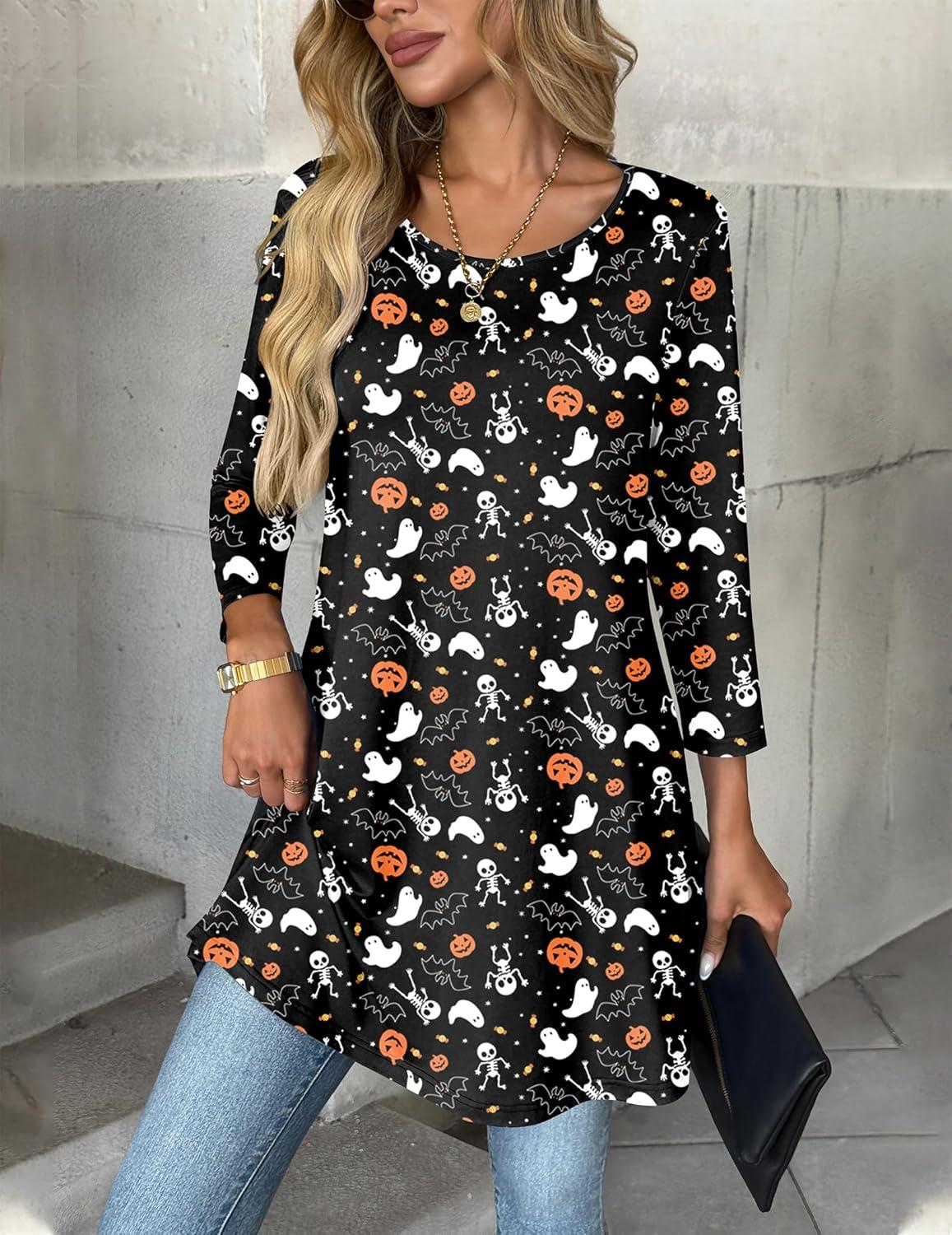 imageZeagoo Women Tops 34 Sleeve Dressy Casual Plus Size Tunics to Wear with Leggings Swing Flare TShirt Loose BlousesBlack Ghost