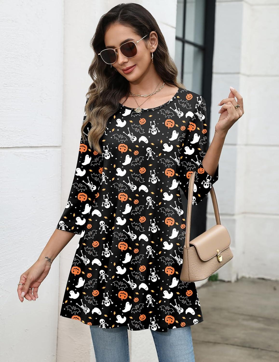 imageZeagoo Women Tops 34 Sleeve Dressy Casual Plus Size Tunics to Wear with Leggings Swing Flare TShirt Loose BlousesBlack Ghost