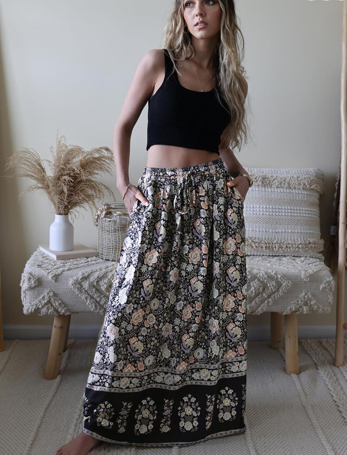 imageZeagoo Womens 2026 Boho Floral Skirt Casual Elastic High Waist Maxi Skirts Flowy A Line Beach Long Skirt with Side PocketsBlack Floral