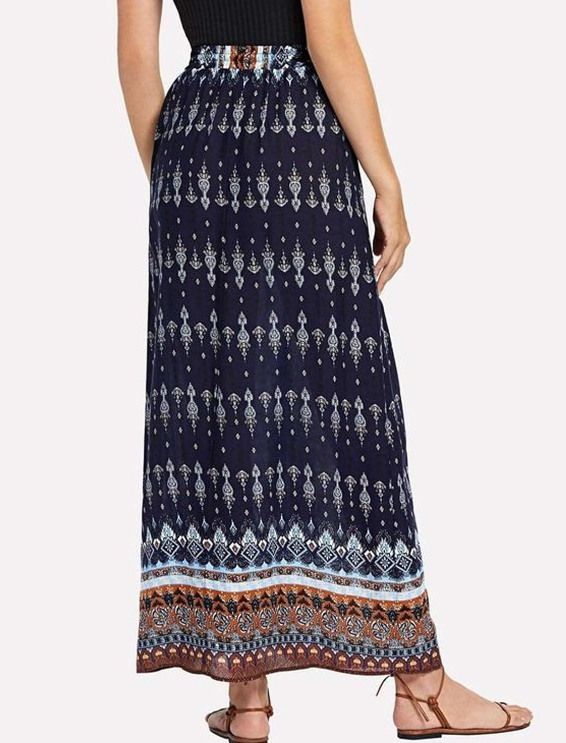 imageZeagoo Womens 2026 Boho Floral Skirt Casual Elastic High Waist Maxi Skirts Flowy A Line Beach Long Skirt with Side PocketsBlack Navy