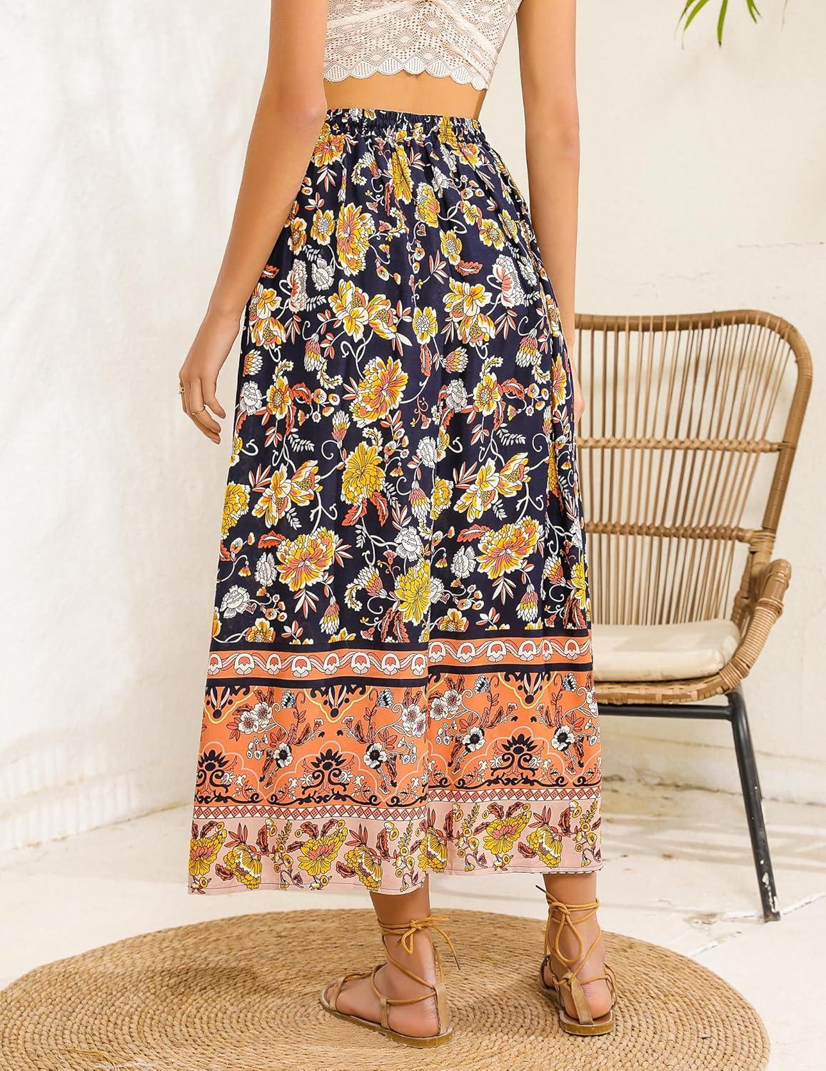 imageZeagoo Womens 2026 Boho Floral Skirt Casual Elastic High Waist Maxi Skirts Flowy A Line Beach Long Skirt with Side PocketsBlack Yellow