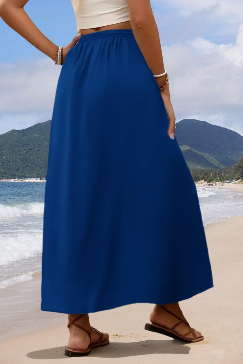 imageZeagoo Womens 2026 Boho Floral Skirt Casual Elastic High Waist Maxi Skirts Flowy A Line Beach Long Skirt with Side PocketsBlue Color