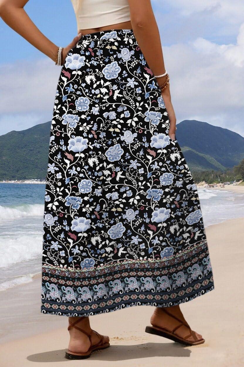 imageZeagoo Womens 2026 Boho Floral Skirt Casual Elastic High Waist Maxi Skirts Flowy A Line Beach Long Skirt with Side PocketsBohemian Navy