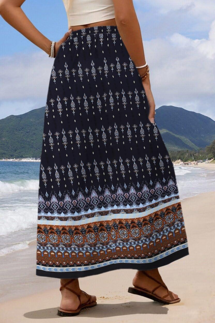 imageZeagoo Womens 2026 Boho Floral Skirt Casual Elastic High Waist Maxi Skirts Flowy A Line Beach Long Skirt with Side PocketsDark Blue