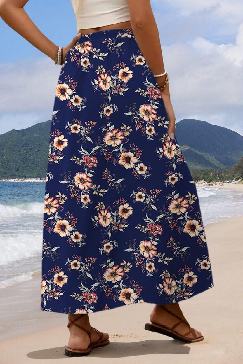 imageZeagoo Womens 2026 Boho Floral Skirt Casual Elastic High Waist Maxi Skirts Flowy A Line Beach Long Skirt with Side PocketsDark Bluebrown