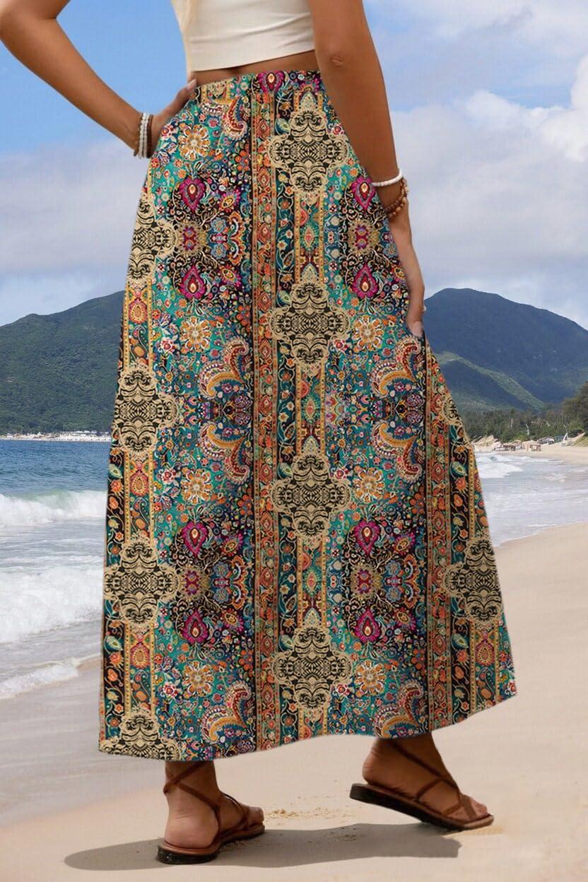 imageZeagoo Womens 2026 Boho Floral Skirt Casual Elastic High Waist Maxi Skirts Flowy A Line Beach Long Skirt with Side PocketsEthnic