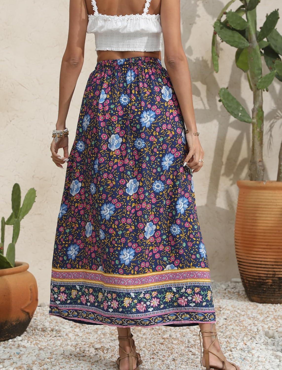 imageZeagoo Womens 2026 Boho Floral Skirt Casual Elastic High Waist Maxi Skirts Flowy A Line Beach Long Skirt with Side PocketsMulticolor