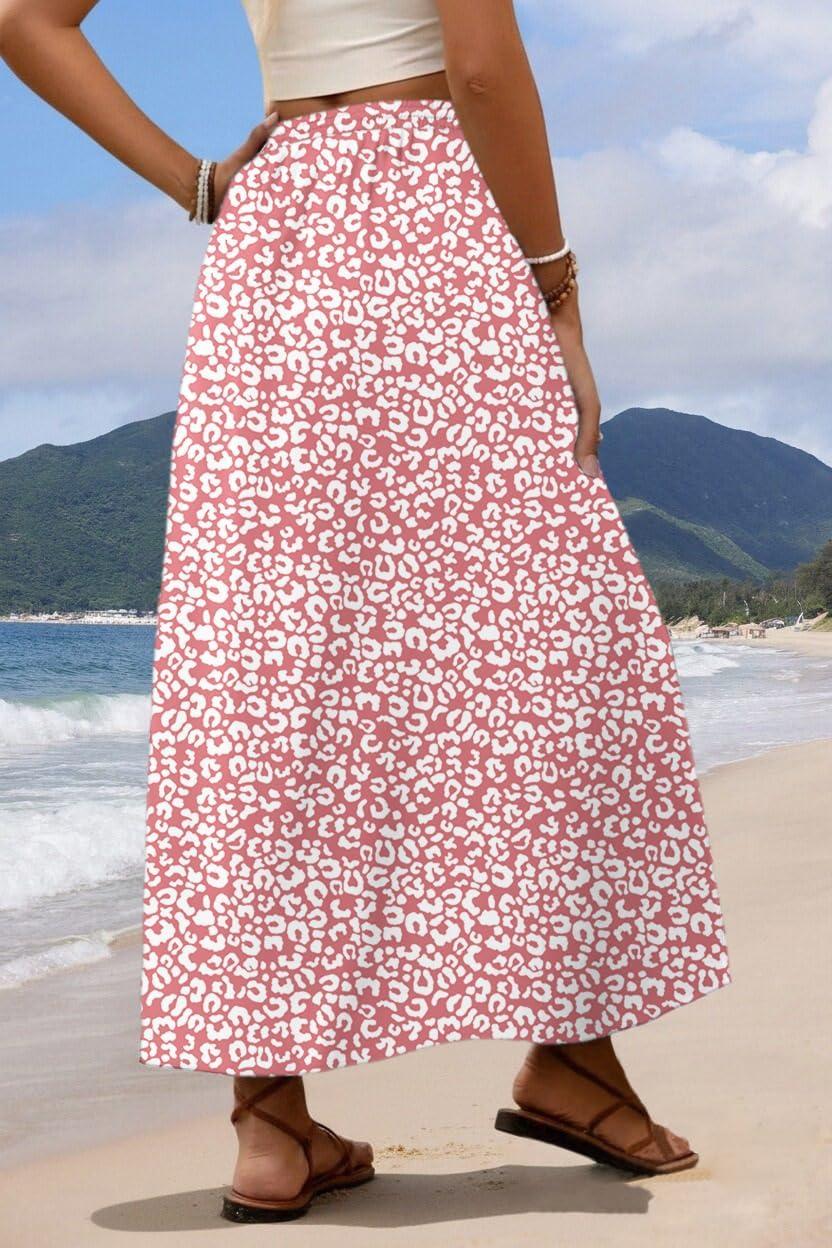 imageZeagoo Womens 2026 Boho Floral Skirt Casual Elastic High Waist Maxi Skirts Flowy A Line Beach Long Skirt with Side PocketsOrange Pink White