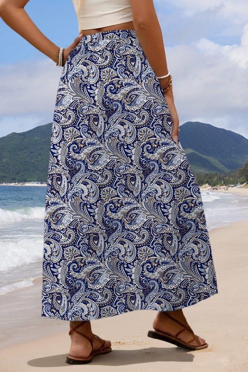 imageZeagoo Womens 2026 Boho Floral Skirt Casual Elastic High Waist Maxi Skirts Flowy A Line Beach Long Skirt with Side PocketsTibetan Khaki