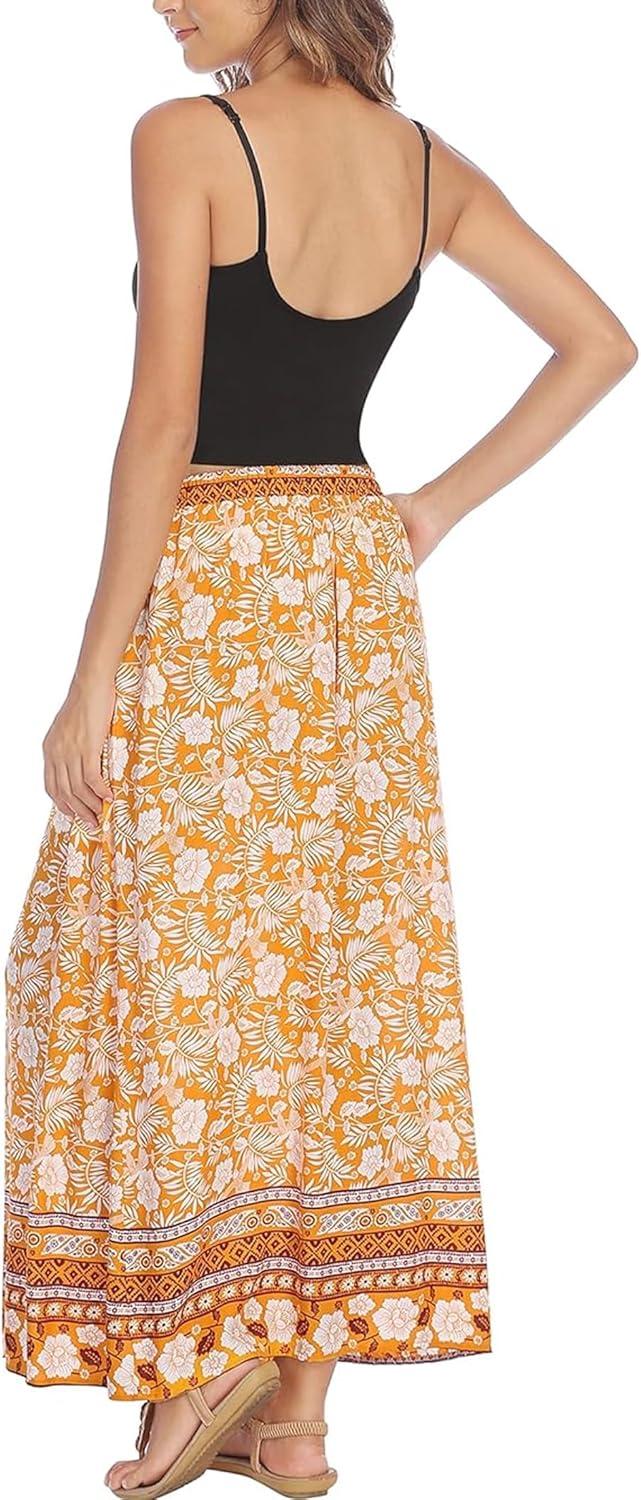 imageZeagoo Womens 2026 Boho Floral Skirt Casual Elastic High Waist Maxi Skirts Flowy A Line Beach Long Skirt with Side PocketsYellow Floral
