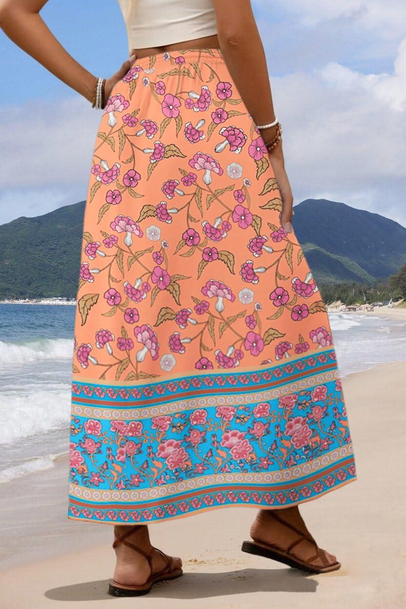 imageZeagoo Womens 2026 Boho Floral Skirt Casual Elastic High Waist Maxi Skirts Flowy A Line Beach Long Skirt with Side PocketsYellowgreen