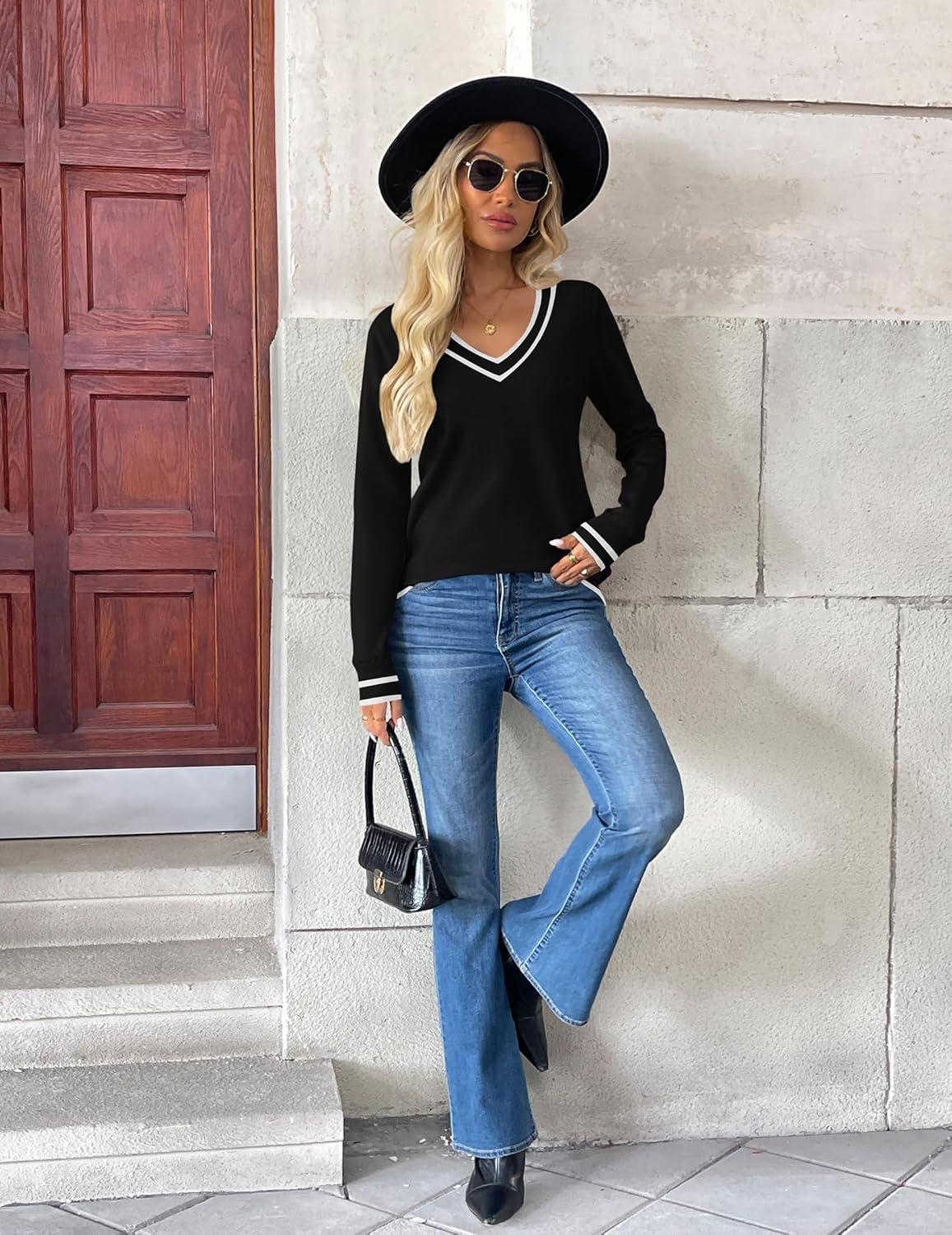 imageZeagoo Womens 2026 Fall V Neck Sweater Trendy Long Sleeve Casual Lightweight Ribbed Knit Pullover TopsBlack Stripe