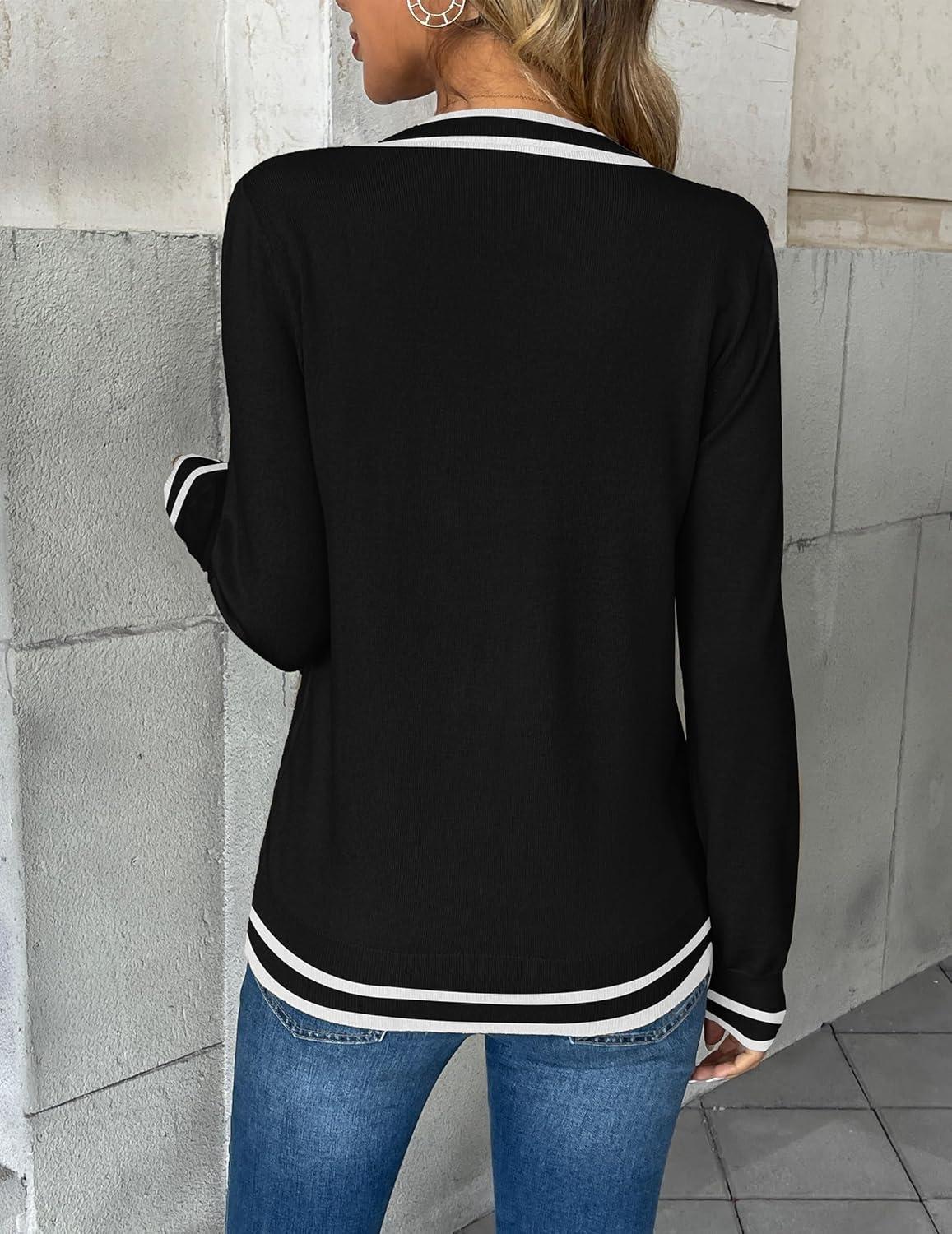 imageZeagoo Womens 2026 Fall V Neck Sweater Trendy Long Sleeve Casual Lightweight Ribbed Knit Pullover TopsBlack Stripe