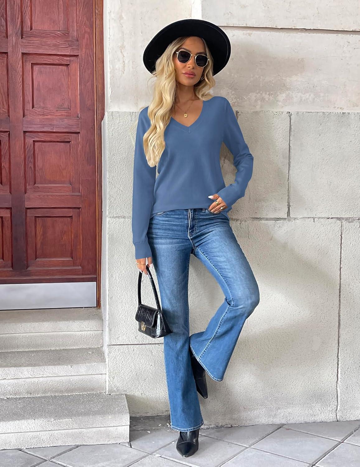 imageZeagoo Womens 2026 Fall V Neck Sweater Trendy Long Sleeve Casual Lightweight Ribbed Knit Pullover TopsBlue