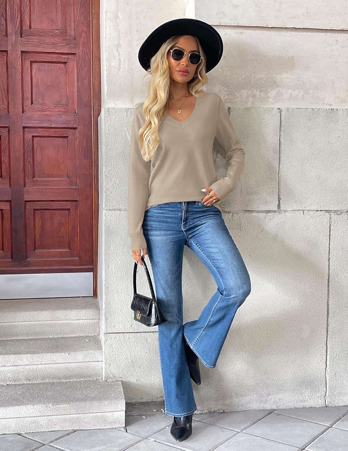 imageZeagoo Womens 2026 Fall V Neck Sweater Trendy Long Sleeve Casual Lightweight Ribbed Knit Pullover TopsCoffee