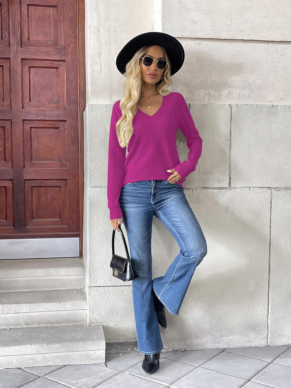 imageZeagoo Womens 2026 Fall V Neck Sweater Trendy Long Sleeve Casual Lightweight Ribbed Knit Pullover TopsHot Pink
