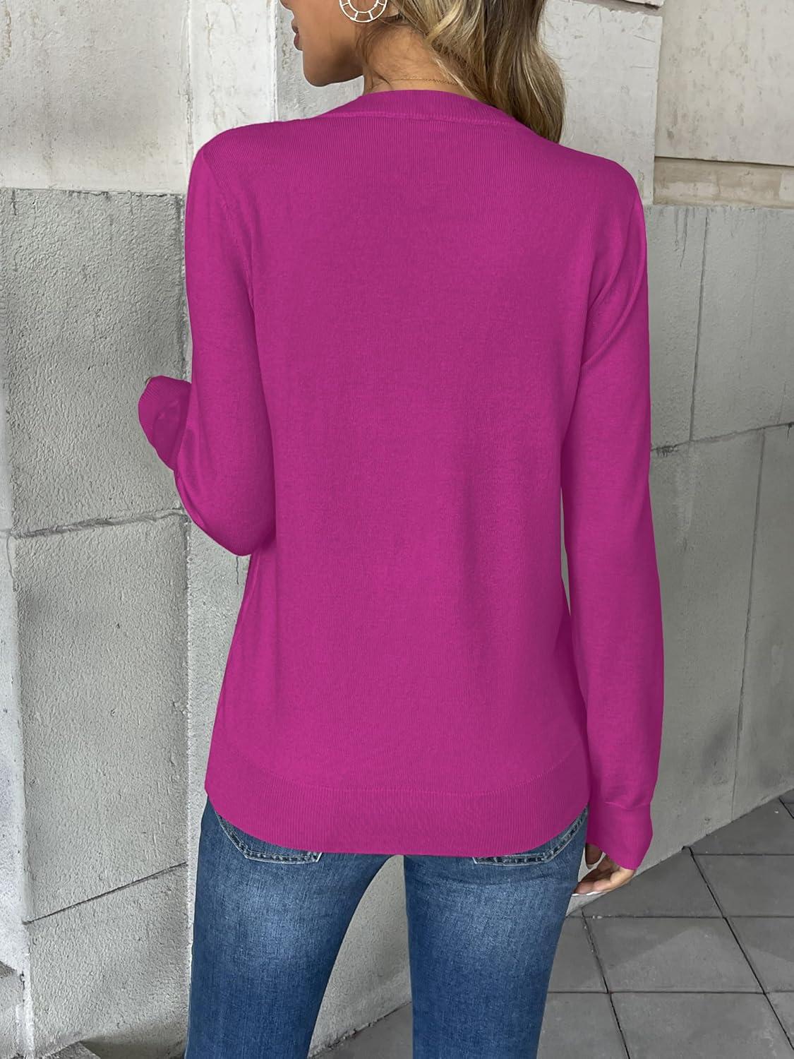imageZeagoo Womens 2026 Fall V Neck Sweater Trendy Long Sleeve Casual Lightweight Ribbed Knit Pullover TopsHot Pink