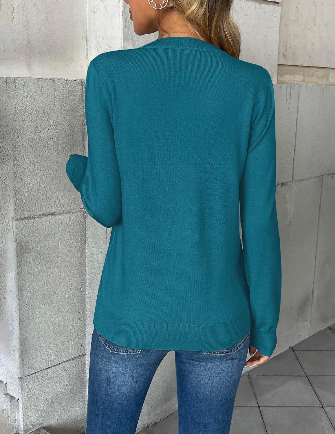 imageZeagoo Womens 2026 Fall V Neck Sweater Trendy Long Sleeve Casual Lightweight Ribbed Knit Pullover TopsLake Blue