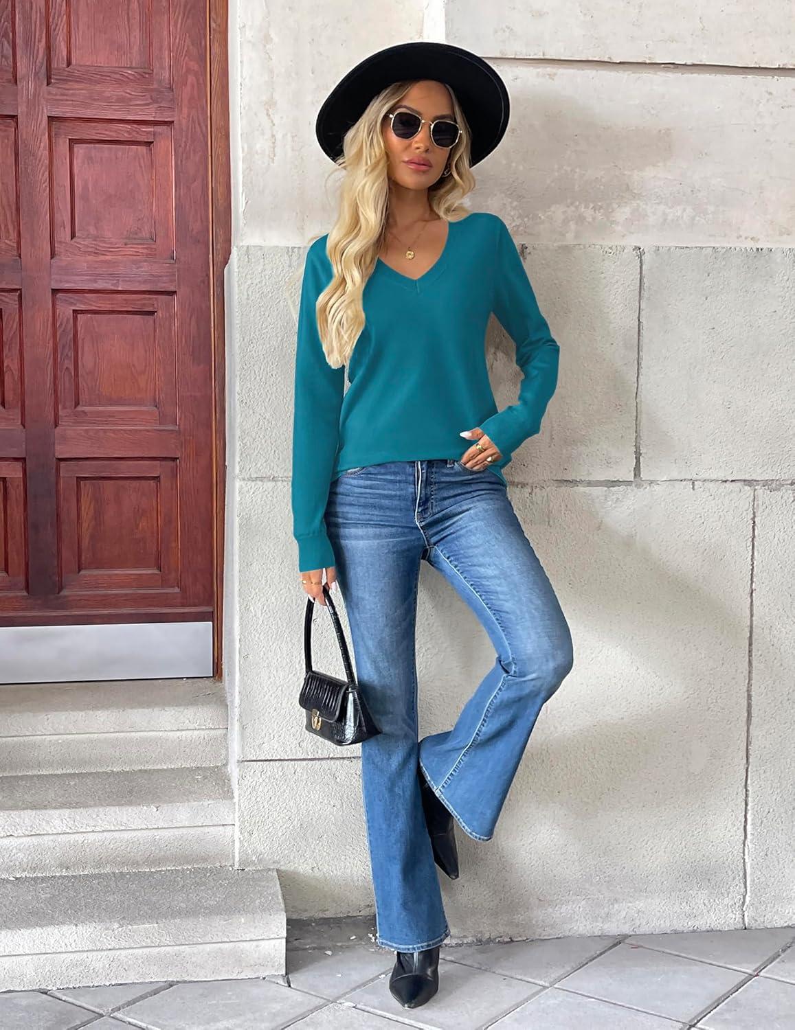 imageZeagoo Womens 2026 Fall V Neck Sweater Trendy Long Sleeve Casual Lightweight Ribbed Knit Pullover TopsLake Blue