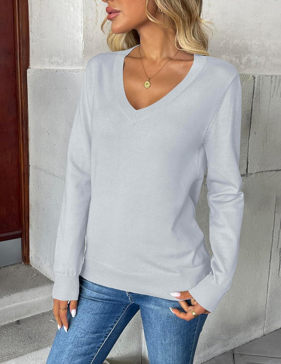 imageZeagoo Womens 2026 Fall V Neck Sweater Trendy Long Sleeve Casual Lightweight Ribbed Knit Pullover TopsLight Blue