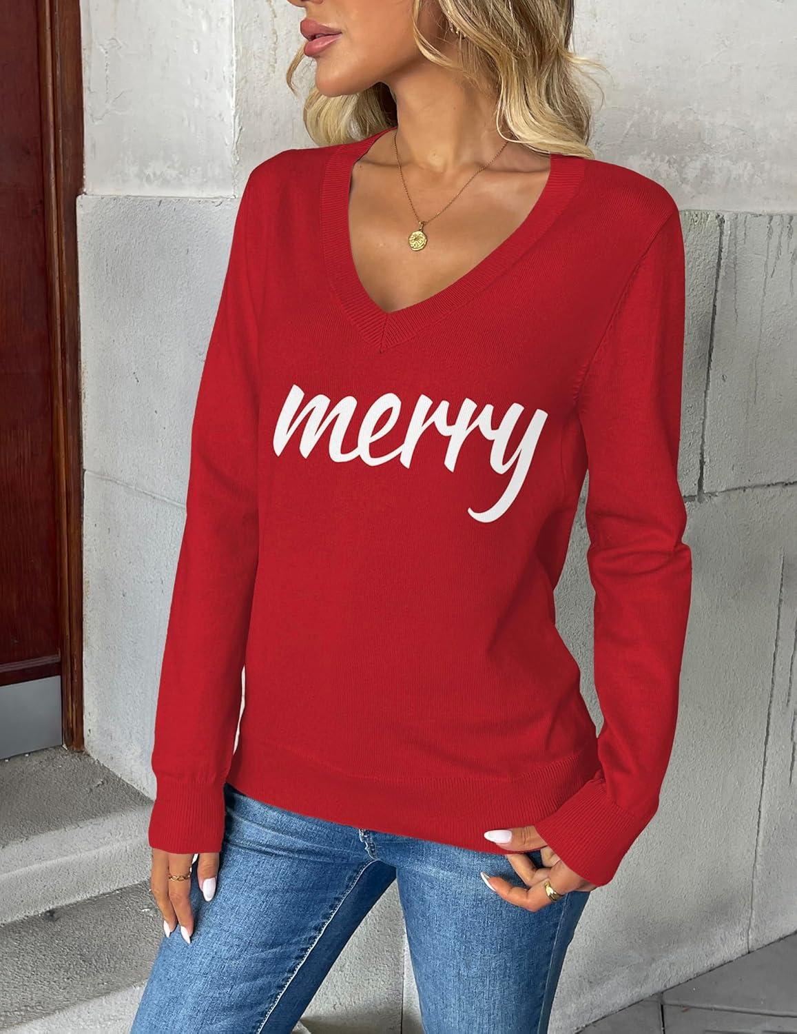 imageZeagoo Womens 2026 Fall V Neck Sweater Trendy Long Sleeve Casual Lightweight Ribbed Knit Pullover TopsMerry Chrismas