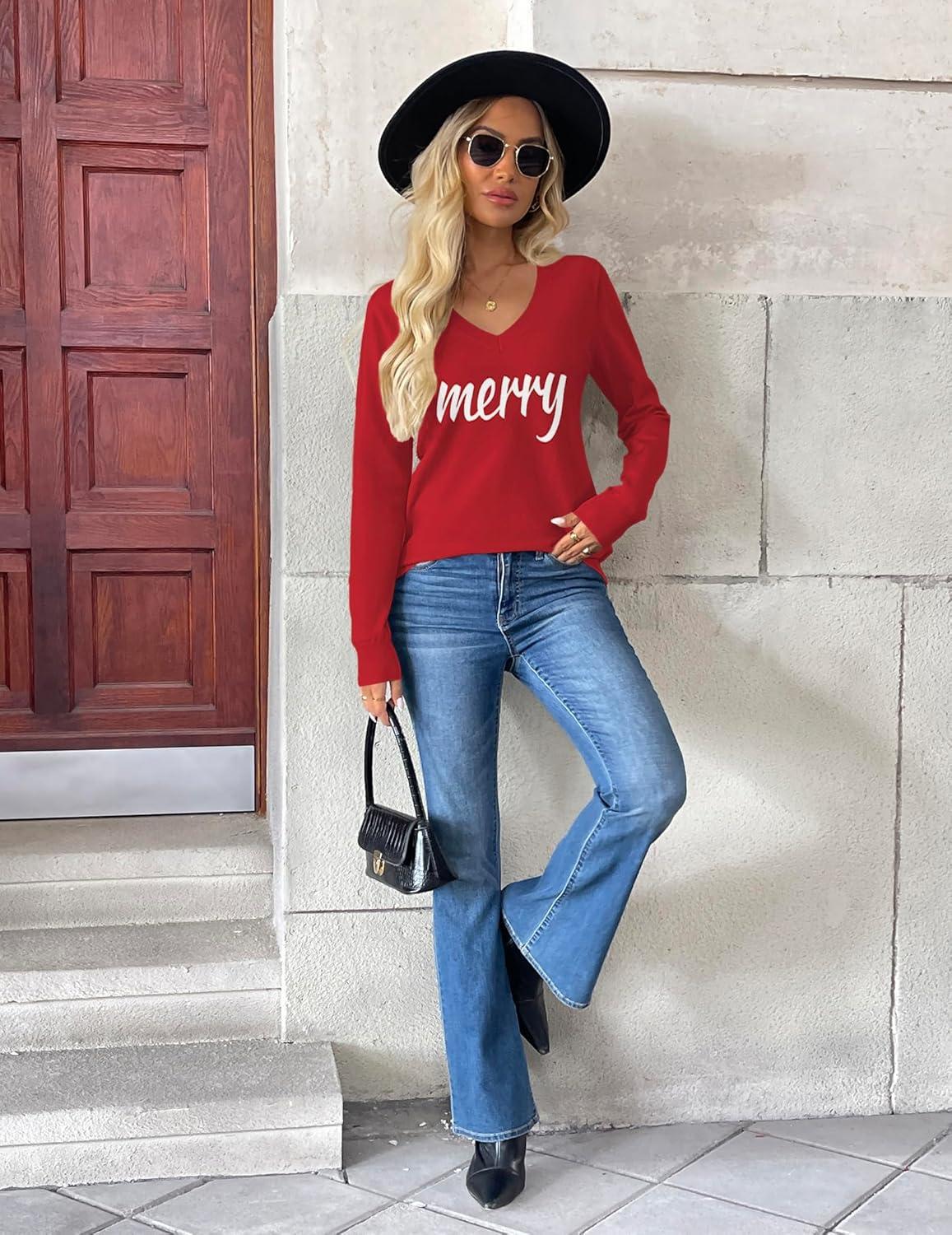 imageZeagoo Womens 2026 Fall V Neck Sweater Trendy Long Sleeve Casual Lightweight Ribbed Knit Pullover TopsMerry Chrismas