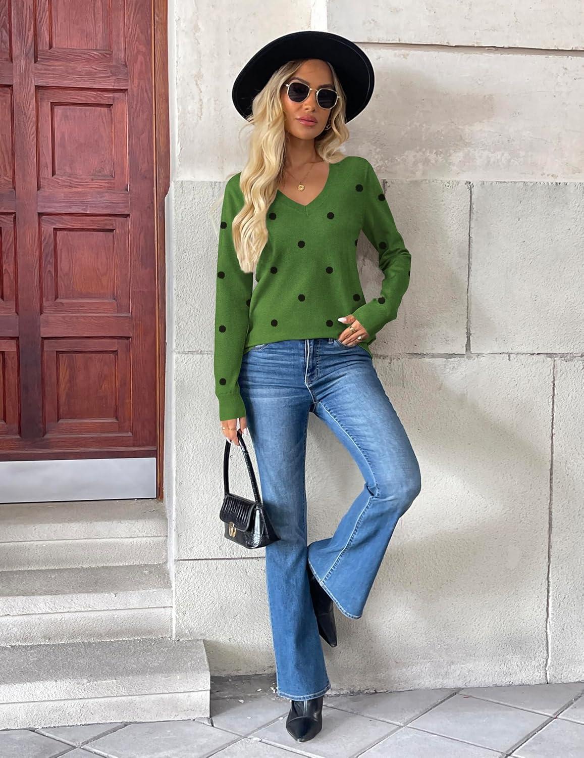imageZeagoo Womens 2026 Fall V Neck Sweater Trendy Long Sleeve Casual Lightweight Ribbed Knit Pullover TopsPolka Dotgreen