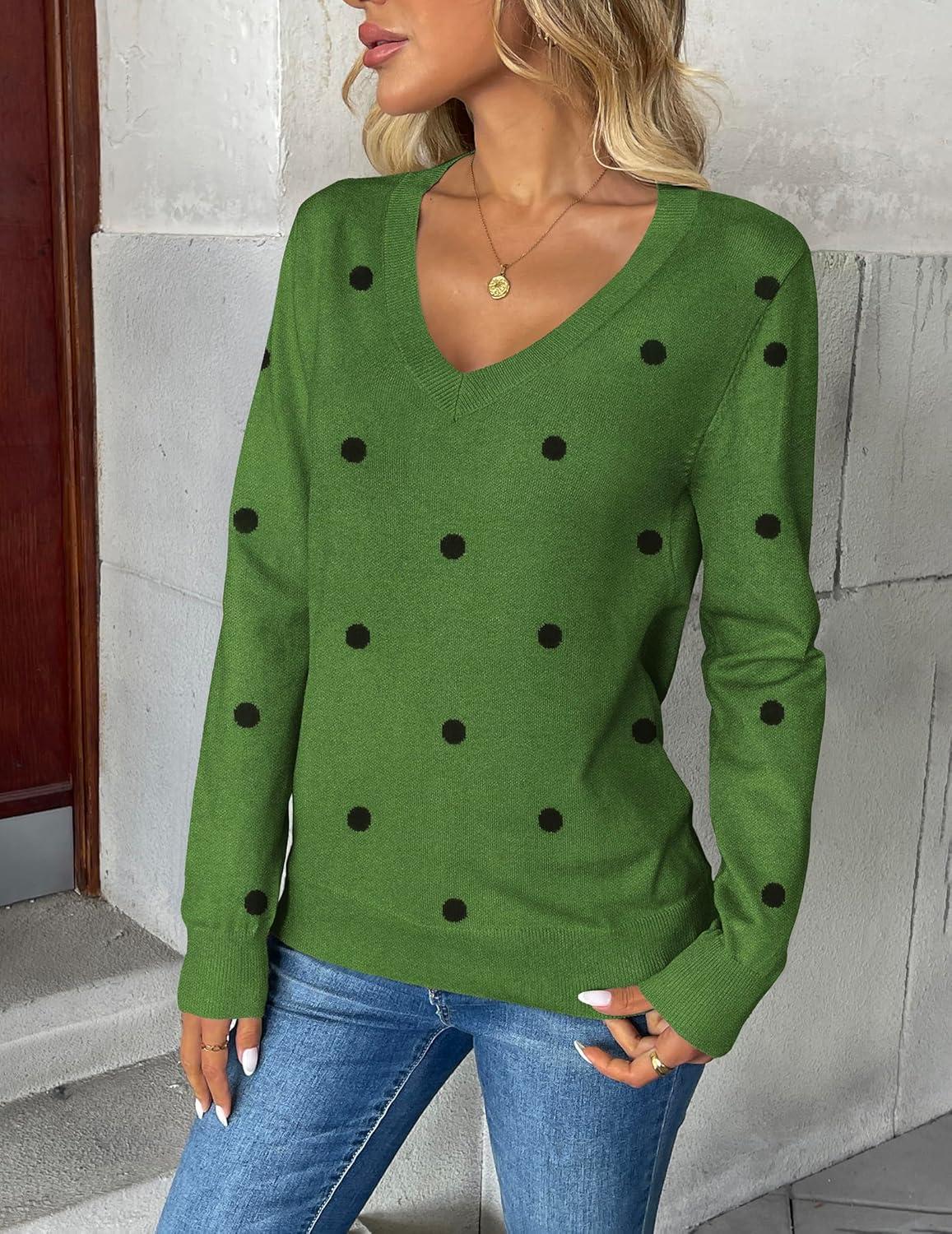 imageZeagoo Womens 2026 Fall V Neck Sweater Trendy Long Sleeve Casual Lightweight Ribbed Knit Pullover TopsPolka Dotgreen