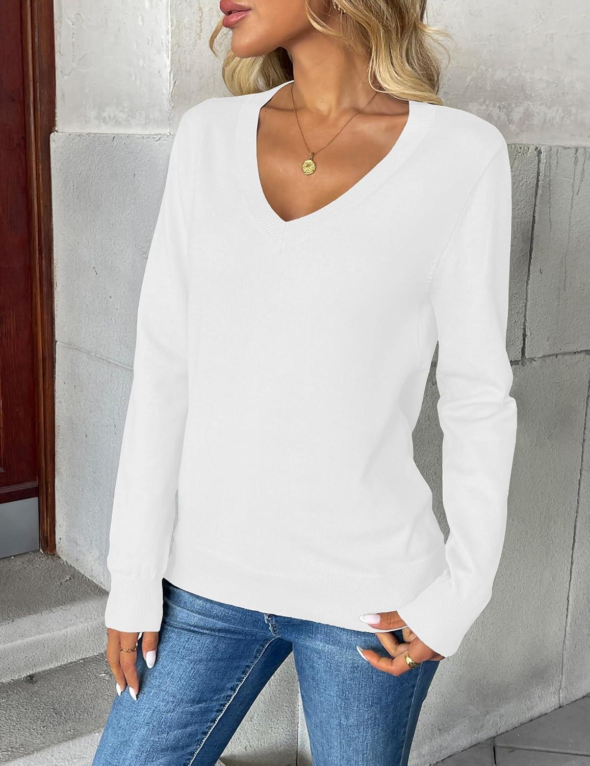 imageZeagoo Womens 2026 Fall V Neck Sweater Trendy Long Sleeve Casual Lightweight Ribbed Knit Pullover TopsWhite