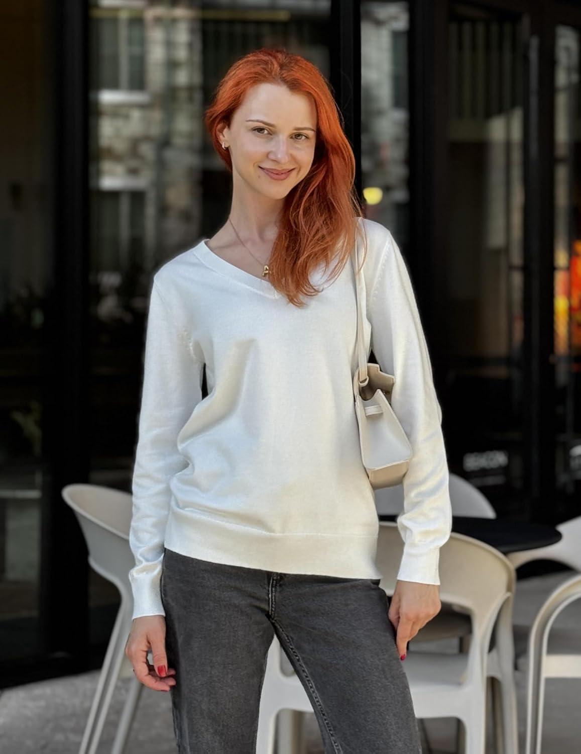 imageZeagoo Womens 2026 Fall V Neck Sweater Trendy Long Sleeve Casual Lightweight Ribbed Knit Pullover TopsWhite