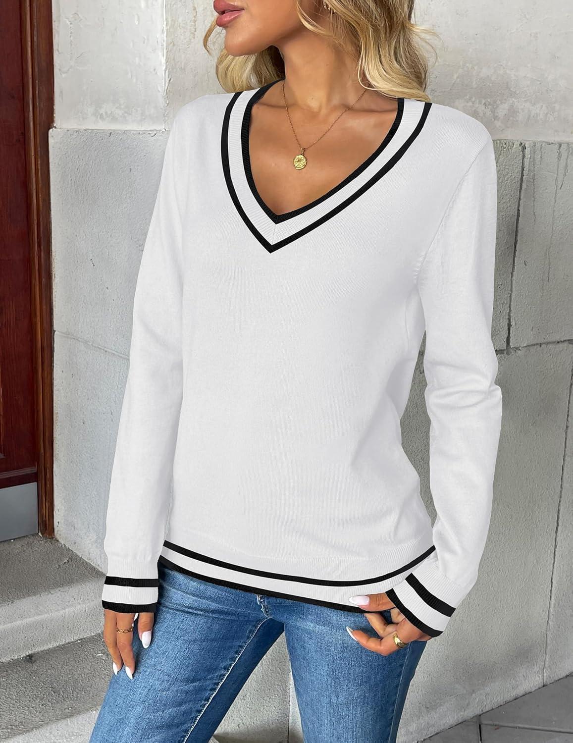 imageZeagoo Womens 2026 Fall V Neck Sweater Trendy Long Sleeve Casual Lightweight Ribbed Knit Pullover TopsWhite Stripe