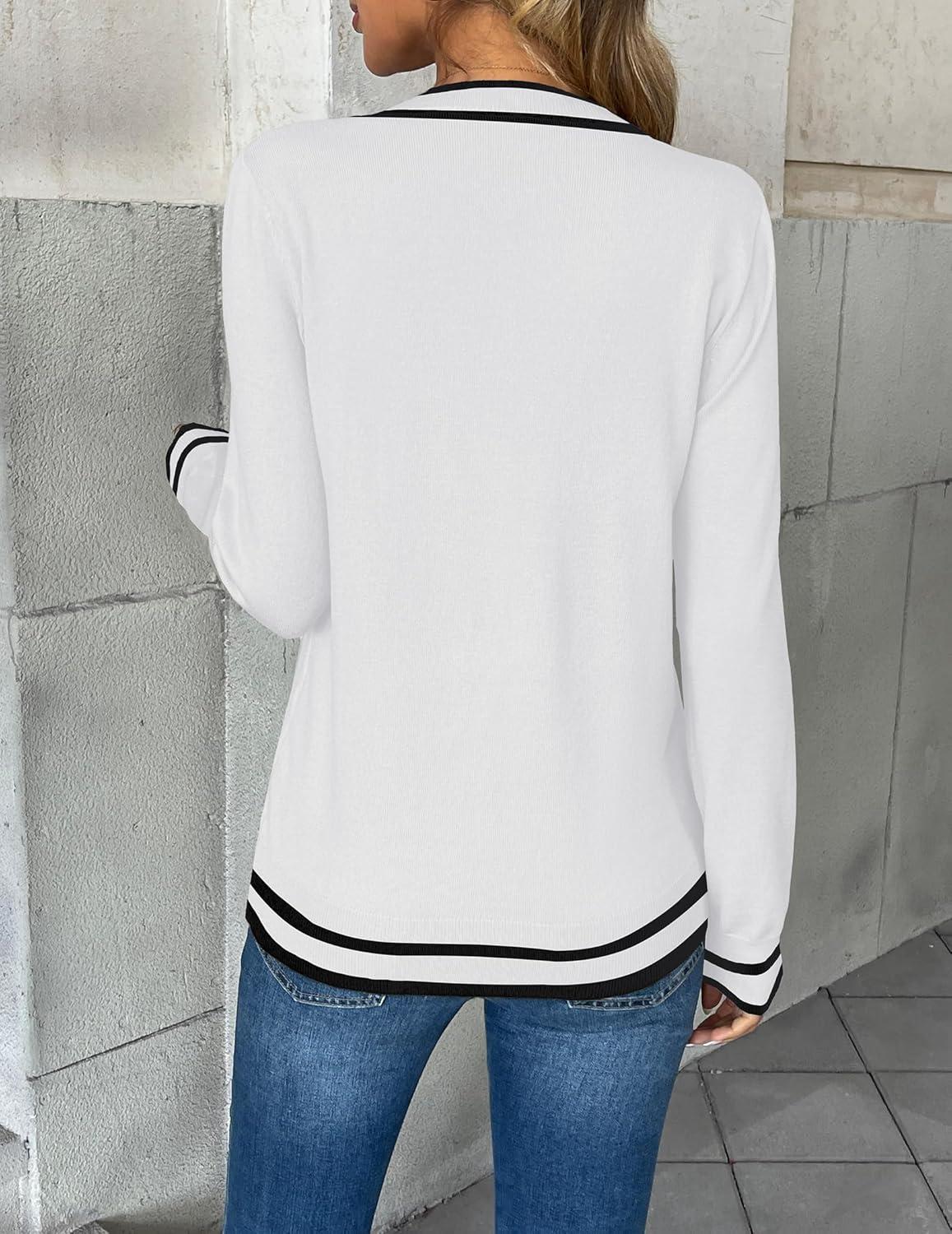 imageZeagoo Womens 2026 Fall V Neck Sweater Trendy Long Sleeve Casual Lightweight Ribbed Knit Pullover TopsWhite Stripe