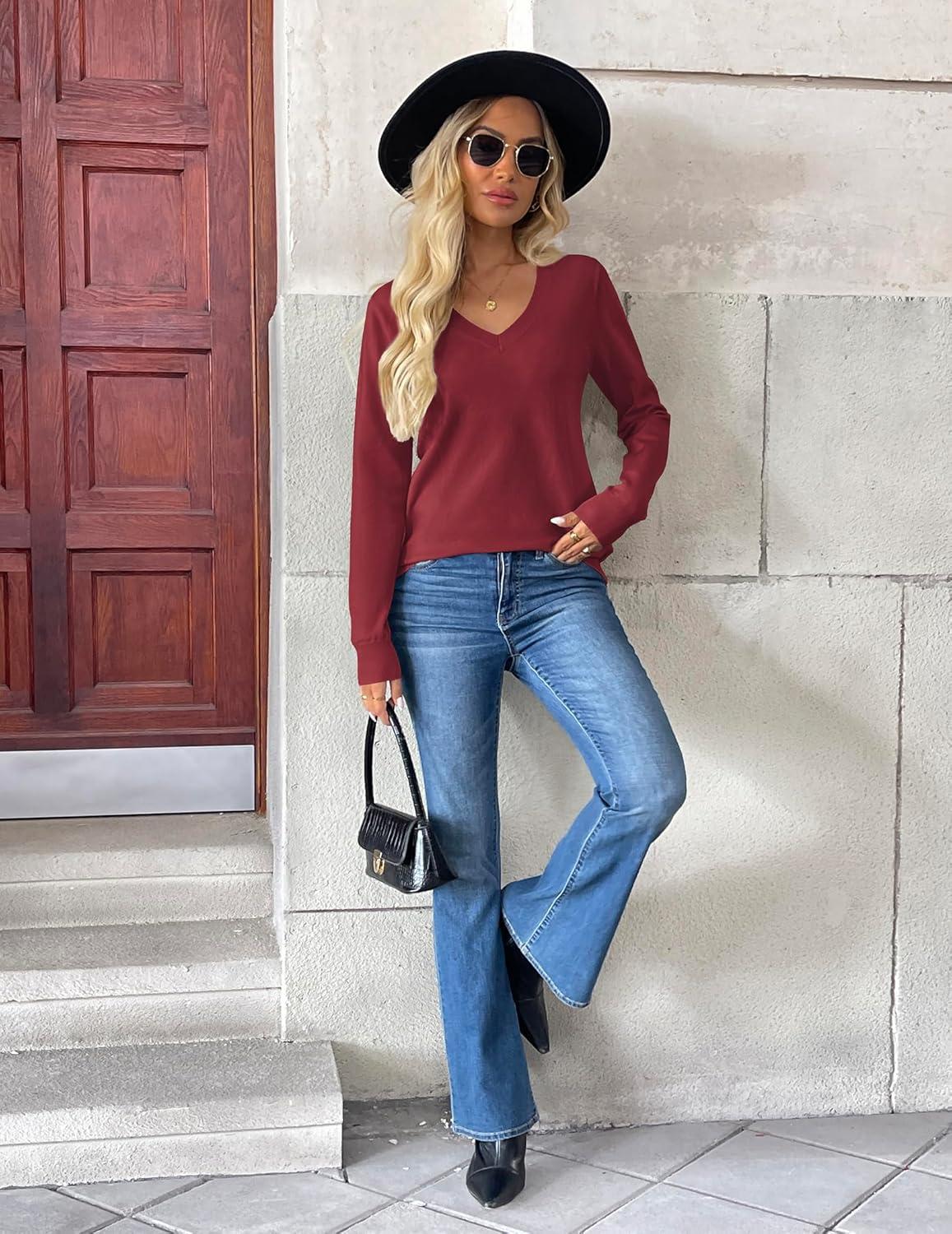imageZeagoo Womens 2026 Fall V Neck Sweater Trendy Long Sleeve Casual Lightweight Ribbed Knit Pullover TopsWine Red