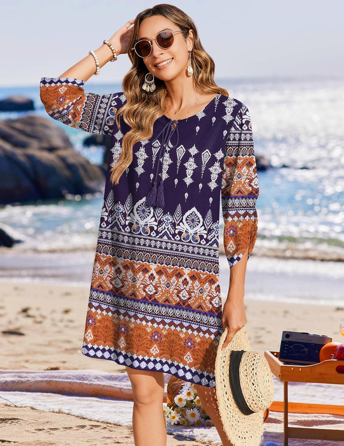 imageZeagoo Womens Boho Dresses Casual Beach Summer Dress Tassel Tie Neck 34 Long Sleeve Mini Sundress 2026 Floral Print Cover Up01 Navy