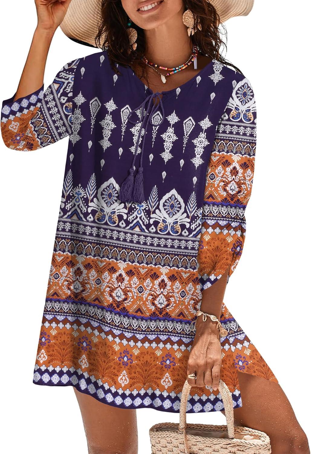 imageZeagoo Womens Boho Dresses Casual Beach Summer Dress Tassel Tie Neck 34 Long Sleeve Mini Sundress 2026 Floral Print Cover Up01 Navy