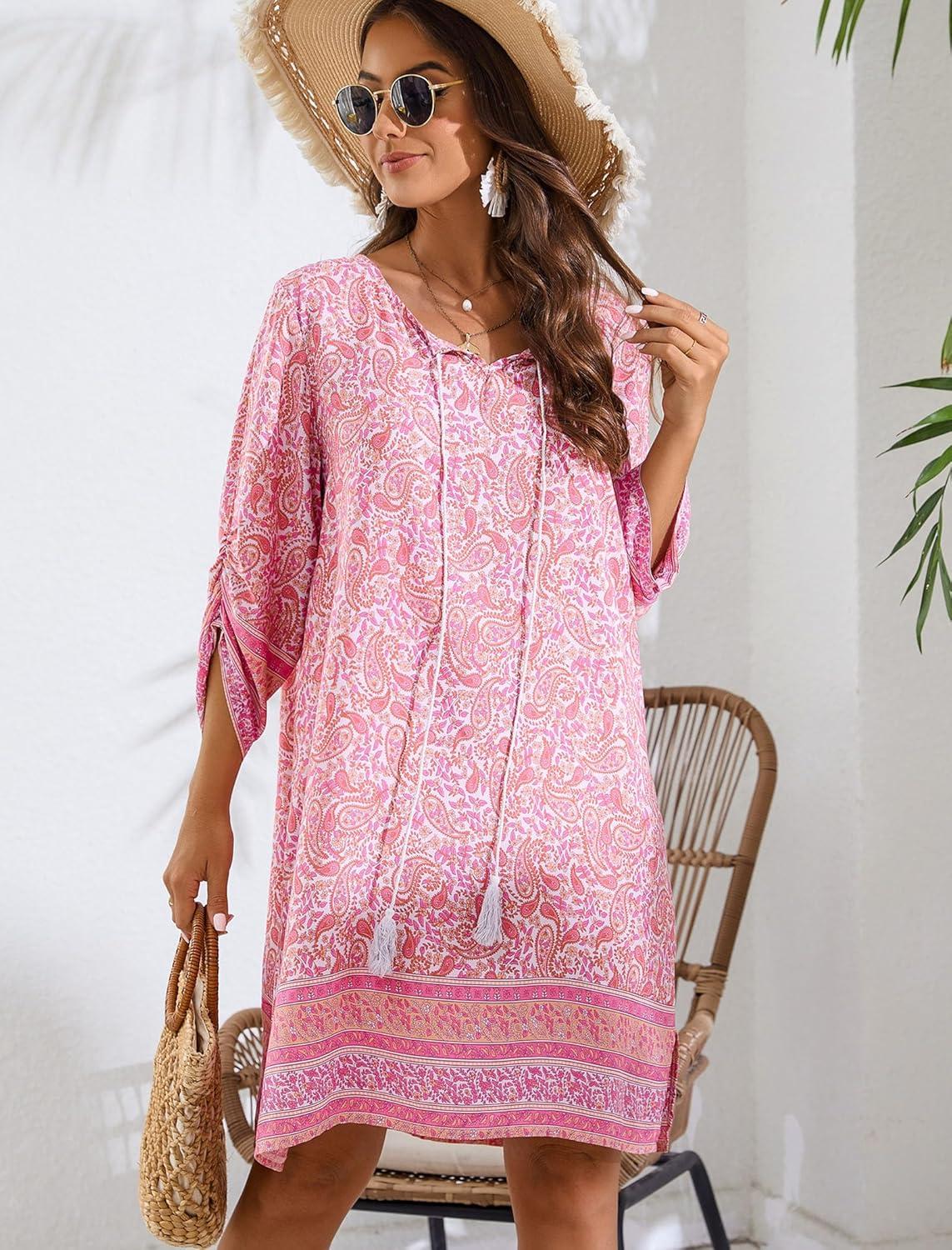 imageZeagoo Womens Boho Dresses Casual Beach Summer Dress Tassel Tie Neck 34 Long Sleeve Mini Sundress 2026 Floral Print Cover Up01 Pink