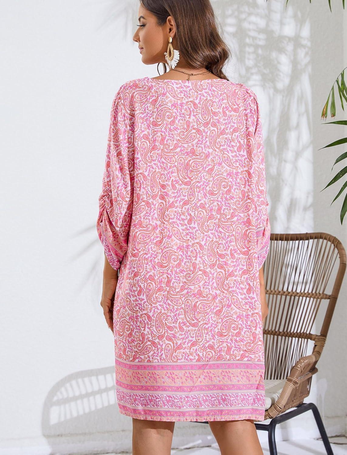 imageZeagoo Womens Boho Dresses Casual Beach Summer Dress Tassel Tie Neck 34 Long Sleeve Mini Sundress 2026 Floral Print Cover Up01 Pink