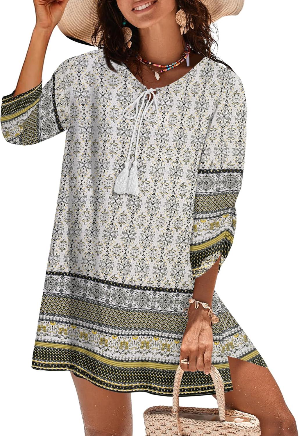 imageZeagoo Womens Boho Dresses Casual Beach Summer Dress Tassel Tie Neck 34 Long Sleeve Mini Sundress 2026 Floral Print Cover Up01 White