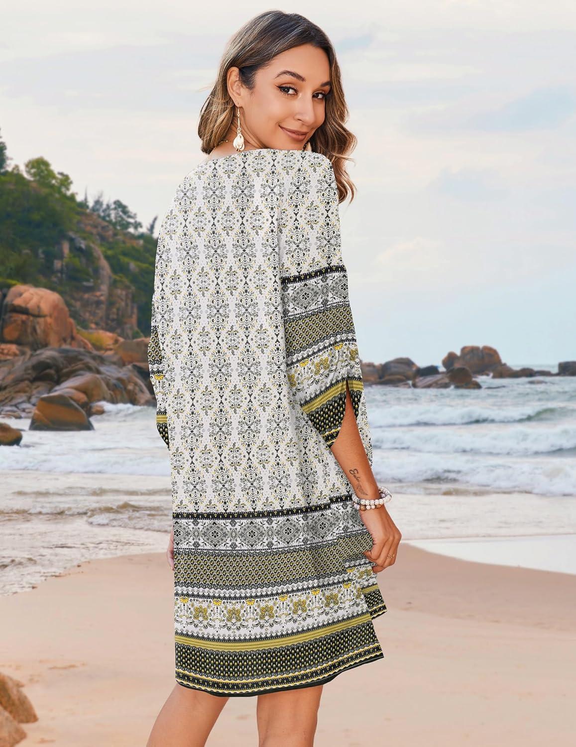 imageZeagoo Womens Boho Dresses Casual Beach Summer Dress Tassel Tie Neck 34 Long Sleeve Mini Sundress 2026 Floral Print Cover Up01 White